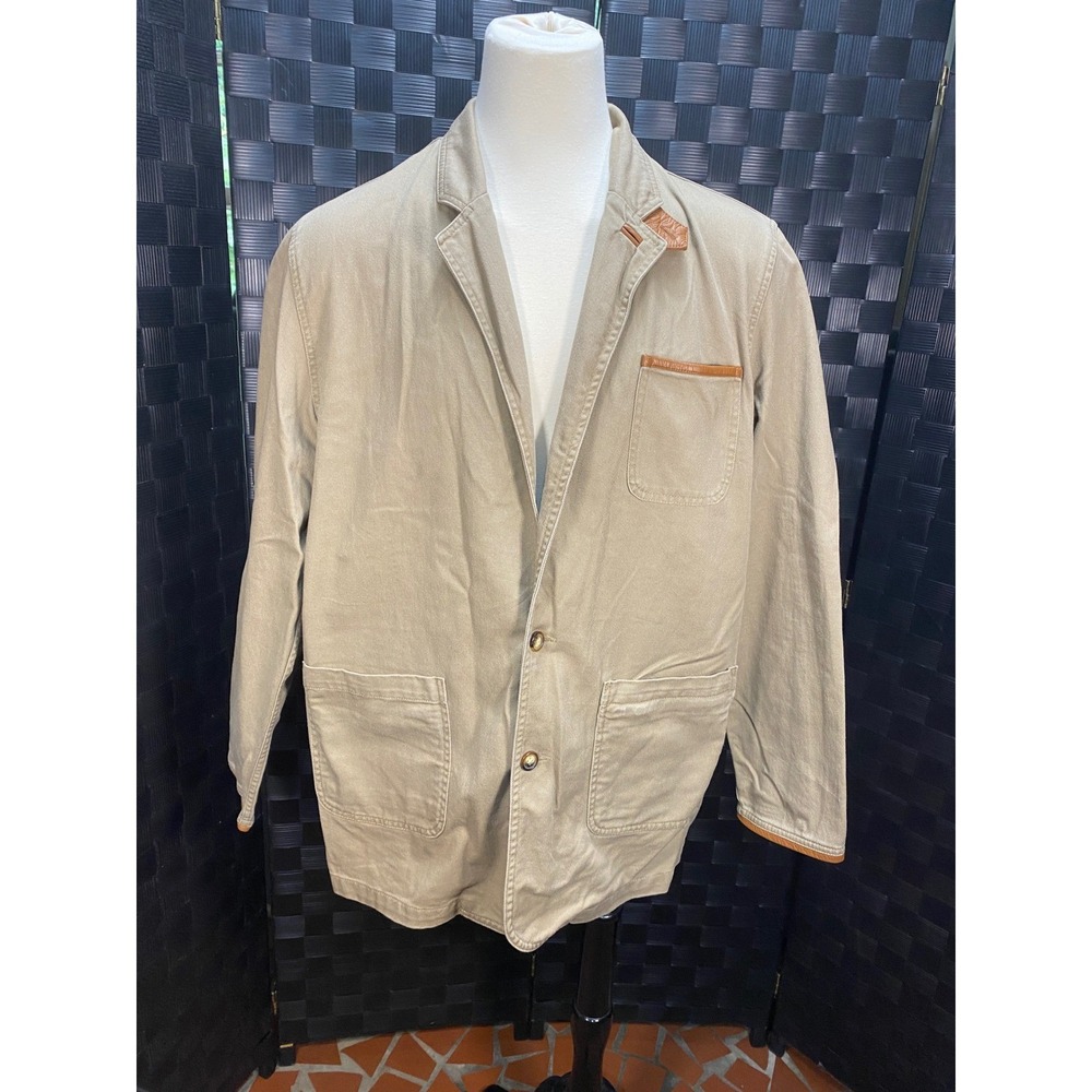 VTG Orvis Zambezi Twill Safari Jacket Mens 44L Tan Cotton Leather Trim Blazer